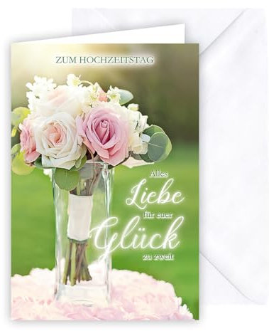 KE - Glückwunschkarte zum Hochzeitstag, Hochzeitstag Karte, inkl. Umschlag, DIN B6 Format, weiß, Motiv: Blumenstrauß in Vase