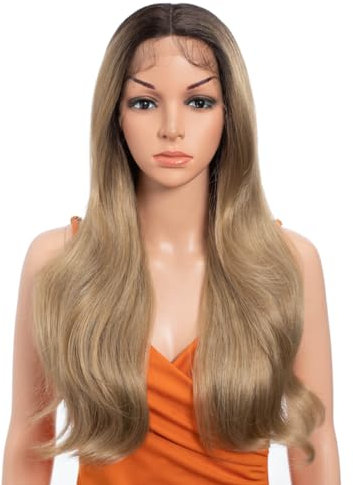 Resaltar pelucas frontales de encaje sintético de cuerpo ondulado 13x4x1 parte T encaje 24 pulgadas pre-arrancado HD sin pegamento Ombre encaje frontal peluca para mujeres negras NT6/23C