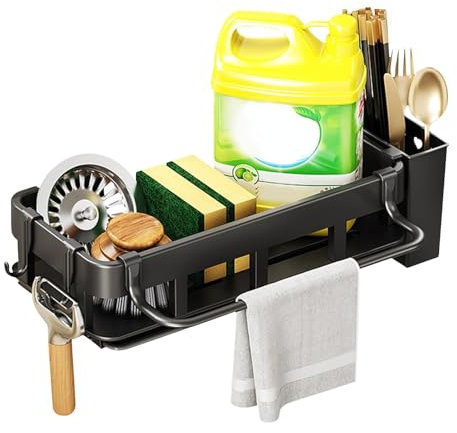 Wondora Organisateur Evier Cuisine, Mural Porte Eponge Evier Cuisine, Porte Eponge Sans PerçAge Pour évier Avec 2 Crochets et Porte-Serviettes Avec éGouttoir et Distributeur de Baguettes Pour