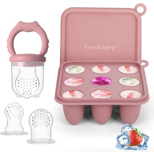 Silikon Fruchtsauger Baby Babybrei Einfrieren Behälter Set, Lebensmittel Zum Kühlen Und Lindern Des Zahnens, Selbstfütterung Zum Obst, Muttermilch, inklusive 3 zusätzlichen Schnullern (Powder Rose)