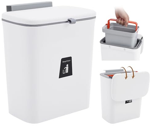 Warmiehomy Wall Mounted Trash Bin with Lid 9L Inner Bucket Hanging Waste Rubbish Bin with Sliding Cover for Cupboard, Bathroom, White
