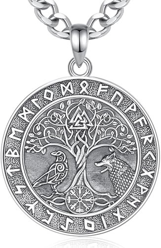 INFUSEU Wikinger Halskette für Männer, 925 Sterling Silber Lebensbaum Yggdrasil Anhänger Wolf Schmuck Valknut Jormungandr Odin Raven Allah Geschenk für Männer (01-Yggdrasil)