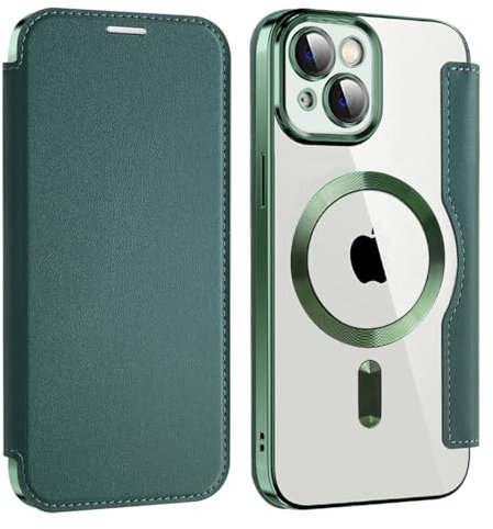 Cover per iPhone 13 Compatibile con MagSafe Custodia Trasparente Magnetica Pelle Portafoglio a Libro Slot Schede Magnetica Supporto Flip Case per iPhone 13 Verde Scuro
