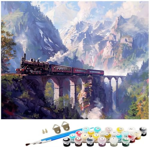 Malen Nach Zahlen Erwachsene Kit, Malen Nach Zahlen Brücke Zug Anfänger DIY Paint by Numbers mit Pinseln und Acrylfarben, DIY Ölgemälde Leinwand Basteln für Home Wall Deco (Ohne Rahmen) 50x60cm WK-213