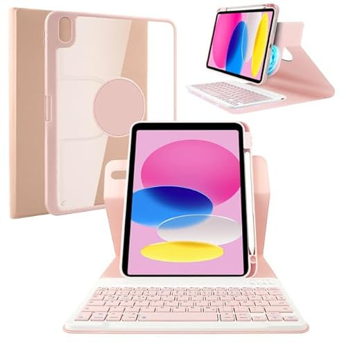 LAMA 360° drehbare Tastaturhülle Kompatibel mit iPad A16 11 Gen. 11 Zoll 2025, iPad 10.Gen 10,9 Zoll 2022, magnetische Schützhülle, abnehmbare kabellose Bluetooth Tastaturhülle (QWERTZ, Rosa)