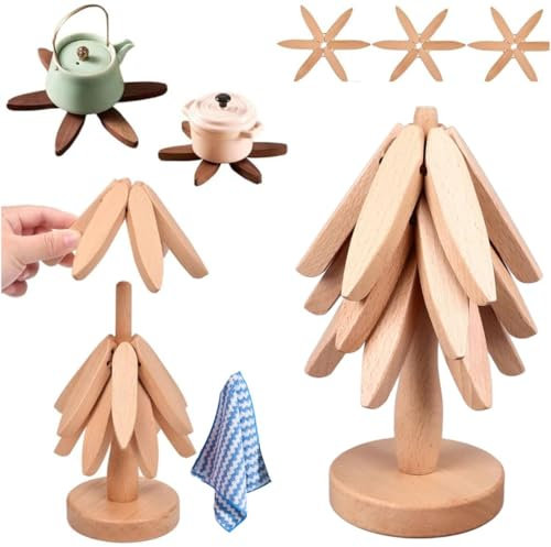 Wood Trivet 2024 Wooden Trivets for Hot Dishes Foldable Trivet Table Pad Tree Shape Trivet Set Coaster for Hot Dishes Bowl Teapot Hot Pot (Beech-A-3 Levels)