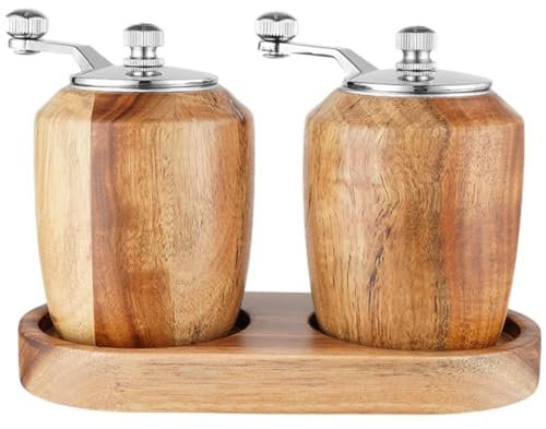 Tsffae Hand Crank Salt Grinder Set with Wooden Pepper Mill Base Tray Pepper Grinding Tool with Ceramic Grinding Cores
