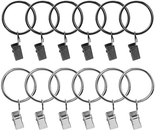 Acooruiteng Curtain Rings with Clips - Metal Decorative Pole Rings, 32mm Inside Diameter; Shower Curtain Hooks with Clips for Drapery Windows - Black, Silver; 12Pcs