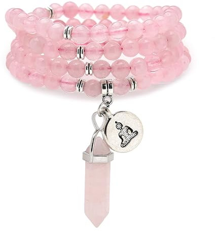 Bracelet Mala 108 perles naturelles Collier de pleine conscience avec breloque Bouddha Yoga Zen et pendentif prisme hexagonal en quartz Reiki (Quartz rose (Rose Quartz))