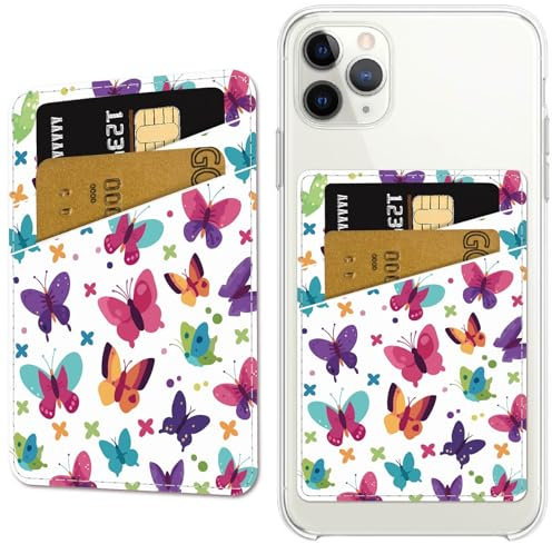 CREATCABIN Phone Card Holder Leather Cell Phone Wallet Stick on Adhesive Credit Card Holder Slim Double Pocket Sticker for Back of Phone Case Compatible with Most Phone Colorful Butterfly 3.7x2.5 Inch