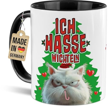 Tassendruck Weihnachtstasse mit lustigem Spruch - Ich hasse Wichteln - Keramik-Tasse bedrucken, Wichtelgeschenke, Kollegen, Freunde | Persönliches Geschenk, 300 ml, Innen & Henkel Schwarz