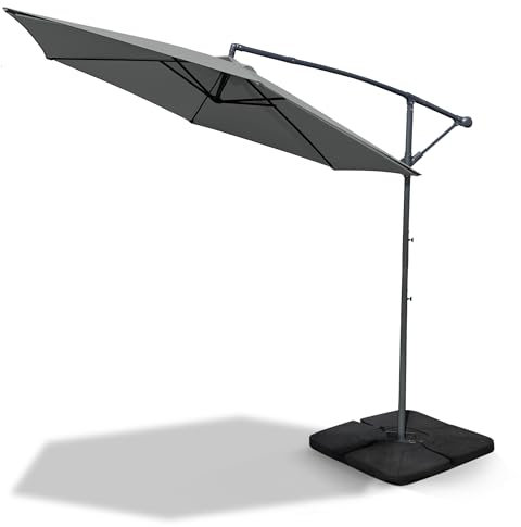 KEPLIN 3M Cantilever Garden Parasol, Garden Umbrella with Crank Handle & Cover, UV Protection, Water-Repellent Polyester, Powder-Coated Pole, 6 Ribs Garden Parasol, Grey