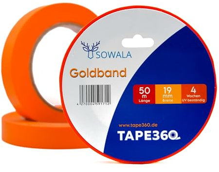 Goldband Malerkrepp 5 Rollen 19 mm x 50 m | 30 Tage UV-beständiges Klebeband | Washi Tape für scharfe Farbkanten | Malerband für Innen & Außen | Kreppband