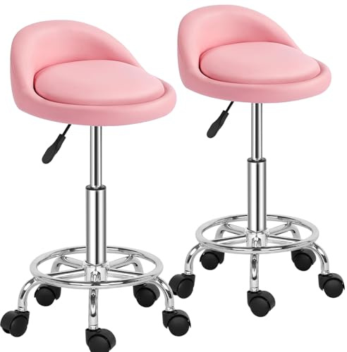 LEADZM Rollhocker mit Rückenlehne 2 STK Rosa | höhenverstellbar, mit 5 Rollen für einfache Bewegung, für Büro