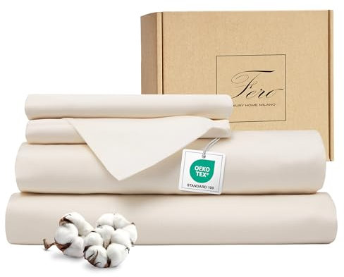 Ferò Completo Letto, Completo Lenzuola Matrimoniali Cotone di Lusso 4 Pezzi, Proteine della Seta, Lenzuolo Angoli 160x200, 2 Federe 50x80, Design Italiano, Raso di Cotone 300TC OekoTex, Bianco Avorio