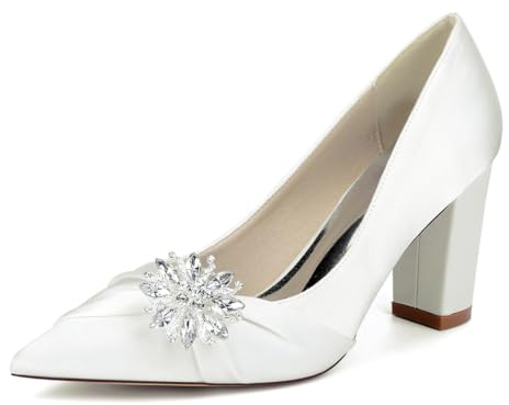 Donna A Punta Scarpe da Sposa Décolleté con Tacco Largo Strass E Raso Scarpe da Feste Matrimonio 22014-1Y,Avorio,43 EU