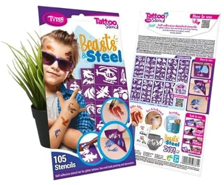 TyToo Glitzer Tattoo Schablonen Set – wiederverwendbare Vorlagen für Kinder & Erwachsene – EU-Design, hautfreundlich, perfekt für Partys, Kinderschminken & Bodypainting (Beasts & Steel)