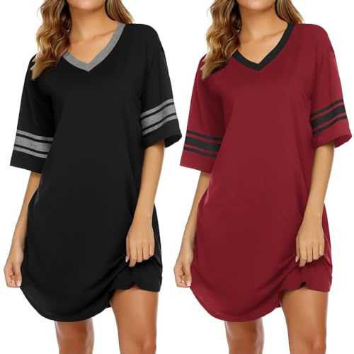 Ekouaer 2 Pack Womens Nighties Oversized Short Sleeve V Neck Nightdresses | soft lounge nightgown, knee-length nighshirt, plus size nighty, breathable fabric, contrast trim, curved hem
