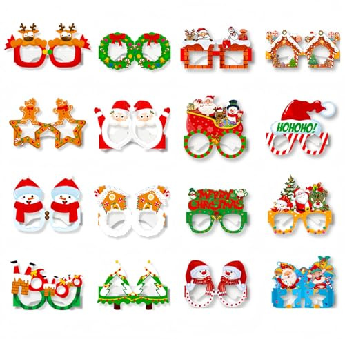 Lekabee 16 Stück Weihnachtsbrillen | Papierbrillenfassungen für Weihnachtsfeiern, Dekorationszubehör für Weihnachtsfeiern, Geschenke für Feiertage