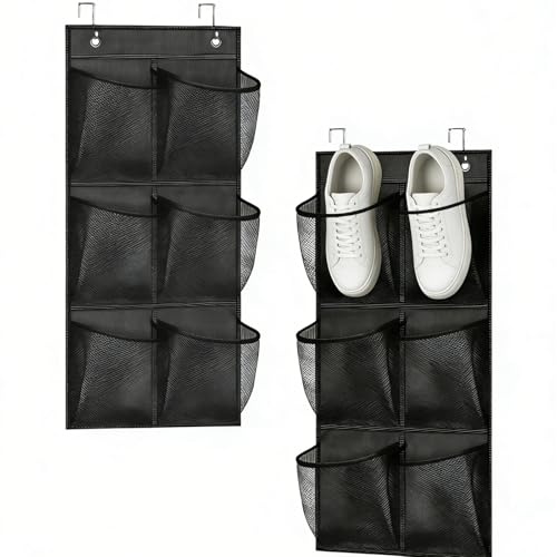 ASOUUNLD 2er Set Schuhorganizer Hängend Schuhregal mit 6 Tiefen Taschen Schuhaufbewahrung für Tür & Wand mit 4 Klebe & 4 Metallhaken Hängeorganizer für Schuhe Spielzeug Bad Küche (75x35 cm, Schwarz)