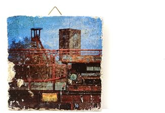 Zeche Zollverein – Travertin-Fliese 10×10 cm | Handbedrucktes Vintage Industrie-Motiv mit Aufhänger | Handmade Ruhrpott-Deko
