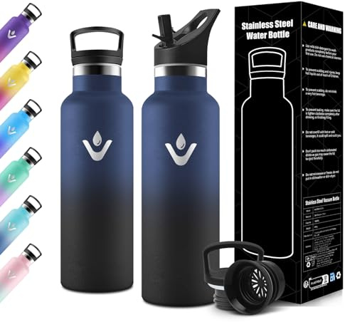 Motswedi Gourde Isotherme Enfant, 500ml avec Paille, Gourde Enfant, Réutilisable, Thermos, Anti-Fuite, Bouteille Isotherme, pour l'école, Voyage, Camping, Sport, Gym, Bleu Foncé & Noir