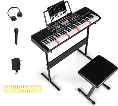 KOMFOTTEU Digitales Klavier mit 61 Tasten, E-Piano mit 200 Rhythmen und 200 Tönen, 70 Demos, elektrisches Klavier mit Ständer, Hocker, Notenständer, Kopfhörer und Mikrofon