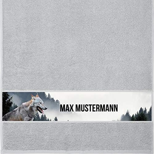 Manutextur Handtuch mit Namen - personalisiert - Motiv Tiere - Wolf - viele Farben & Motive - Dusch-Handtuch - hellgrau - Größe 50x100 cm - persönliches Geschenk mit Wunsch-Motiv und Wunsch-Name