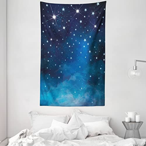 ABAKUHAUS Nacht Wandteppich und Tagesdecke, Leuchtende Sterne Ombre Sky aus Weiches Mikrofaser Stoff Waschbar ohne Verblassen Digitaldruck, 140 x 230 cm, Hellblau Dunkelblau Weiß