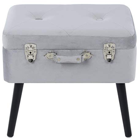 Hodge and Hodge Suitcase Storage Stool Velvet Padded Seat Black Legs Silver Latch Trunk Silver Grey