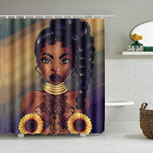 songshenjian Rideau de douche femme africaine sexy avec tournesol - Tissu doux imperméable - Rideau de bain en tissu doux - Décoration de salle de bain exotique - Fille avec tournesol - Avec 12