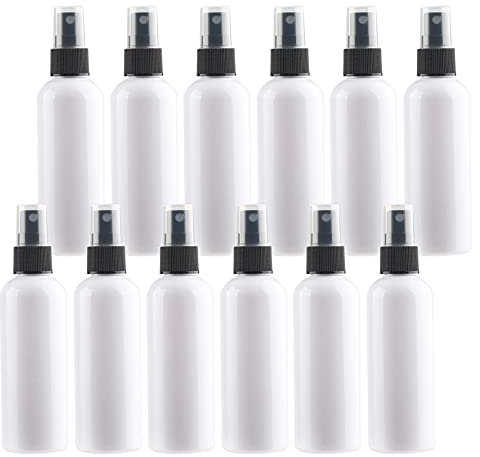 TIANZD 12 Pieces Empty 100 ml White PET Plastic Fine Mist Pump Spray Bottles with Black Top Portable Sprayer for Perfume Water Cosmetic Travel Containers Refillable, 2x Funnel