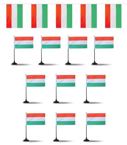Sonia Originelli Fanset Fanartikel Fahnengirlande und 10 Minifahnen für die Hand oder den Tisch EM WM Fussball, Farbe: Ungarn mit Füßchen