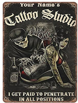 Dreacoss Tattoo-Studio-Blechschilder, Totenkopf-Tattoo-Wandkunst, I Get Paid to Penetrate in All Positions, Vintage-Poster, Metallschild, lustig, Küche, Retro, Salon, Garage, Geschenke für Mama,
