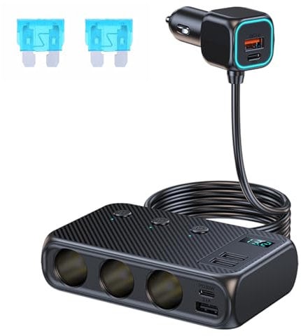9 en 1 Cargador Mechero Coche, 171W Adaptador Mechero Coche a Enchufe con 3 Ranuras y 4 Puertos USB + Doble PD, con Interruptor Independiente, Pantalla de Voltaje LED
