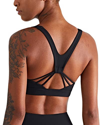 icyzone Damen Sport BH Starker Halt Gepolstert Training Bustier Top Fitness Yoga Bra (L, Black-V Back)