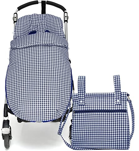 Conjunto Saco Silla de paseo Universal + Panera – Conjunto Saco Universal + Talega para silla de paseo – Vichy – Handmade – Nenel (Marino)