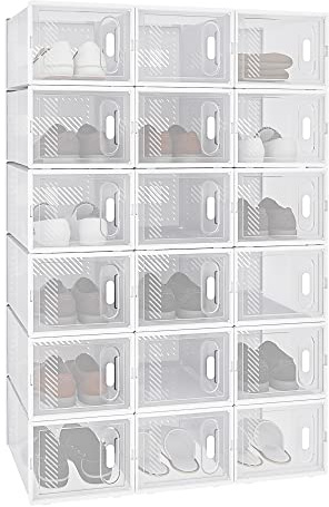 WOLTU 18 Pack Shoe Storage Boxes, Stackable Plastic Shoe Organiser, Dustproof Trainer Storage Containers for Wardrobe Bedroom Closet Entryway, Sneaker Organiser Boxes for Home Organisation