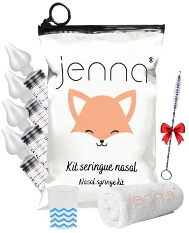 Jenna®|Fliegen-Set für Babyspritze 4 Stück 10 ml • Bürste gratis • Baumwolltuch • Becher • Nasenspülung • Nasensauger Silikon • Nasenreiniger physiologisch Serum