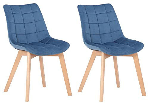 CLP 2er-Set Esszimmerstühle Passaic Samt, ergonomisch gepolstert & gesteppt, mit Bodenschonern, bis 150 kg belastbar, Farbe:blau