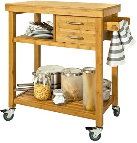 SoBuy FKW26-N Servierwagen Rollwagen mit Schublade und Handtuchhalten Küchenwagen Kücheninsel Bambus BHT ca: 73x92x45cm