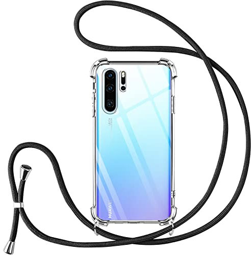 Vauki Handykette für Huawei P30 Pro Hülle mit Band,Handyhülle mit Kette zum Umhängen Kordel Necklace Schutzhülle Transparent TPU Stoßfest Silikon Bumper Case für Huawei P30 Pro,Schwarz