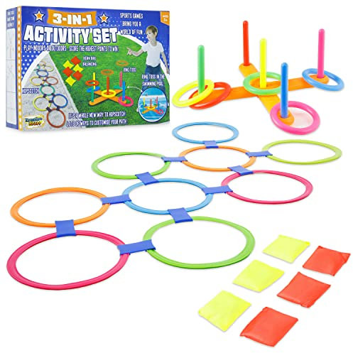 Outdoor Spiele für Kinder Set Gartenspiele für Kinder Sackhüpfen Eierlaufen Tauziehen Dosenwerfen Himmel und Hölle Ring Toss Bean Bag Kinderspiele Wurfspiele für Family Indoor Outdoor (Set 3 in 1)