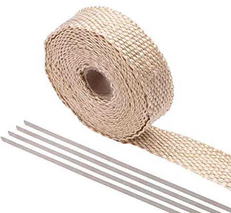 PACEWALKER Hitzeschutzband Basaltfaser 2.5CM x 5M Motorrad Auspuff Auspuffband mit 4 Edelstahl Kabelbinder für Fächerkrümmer Thermoband Krümmerband (Cremeweiß)