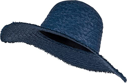 styleBREAKER Damen Strohhut Papierstroh mit luftigem Flechtmuster, breite ausgefranste Krempe, Sonnenhut, Schlapphut 04025033, Farbe:Dunkelblau