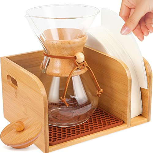 Bambus-Caddy und Deckel für Chemex Coffer Maker – Bambus-Organisationsständer für Pour Over Coffer Makers, für Kragengriff Chemex, Bodum, hitzebeständige Silikonmatte, Filterhalter