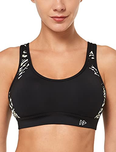 Yvette Damen Sport BH Starker Halt Große Größe Gekreuzt Rücken Gepolstert Fitness Lauf Joggen Yoga Bra,Black/Leopard Print,70C