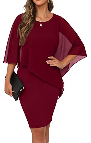 QIXING Womens Summer Casual Dress Loose Batwing Sleeve Crew Neck Chiffon Cape Elegant Midi Cocktail Pencil Dresses for Women UK for Funeral Party Wedding (Wine Red, M)