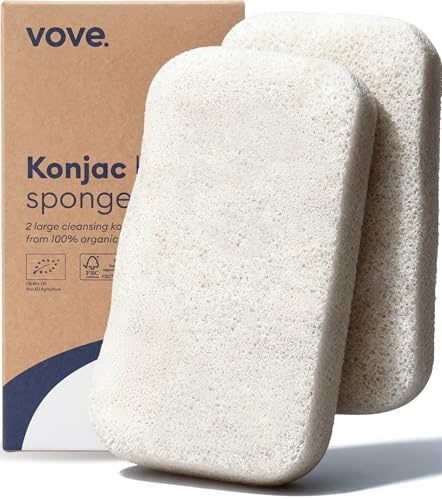 Vove Organic Konjac Exfoliating Body Sponges 2-Pack, Plant-Based | Full body shower sponges, gentle cleansing for all skin types, microplastic-free, biodegradable, certified organic