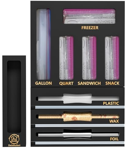 DALSHABET 9-in-1 Bambus-Druckverschlussbeutel, Schubladen-Organizer mit Cutter, Folie und Kunststoffverpackungsspender für die Küche, kompatibel mit allen Marken Gallon, Quart, Sandwich- und